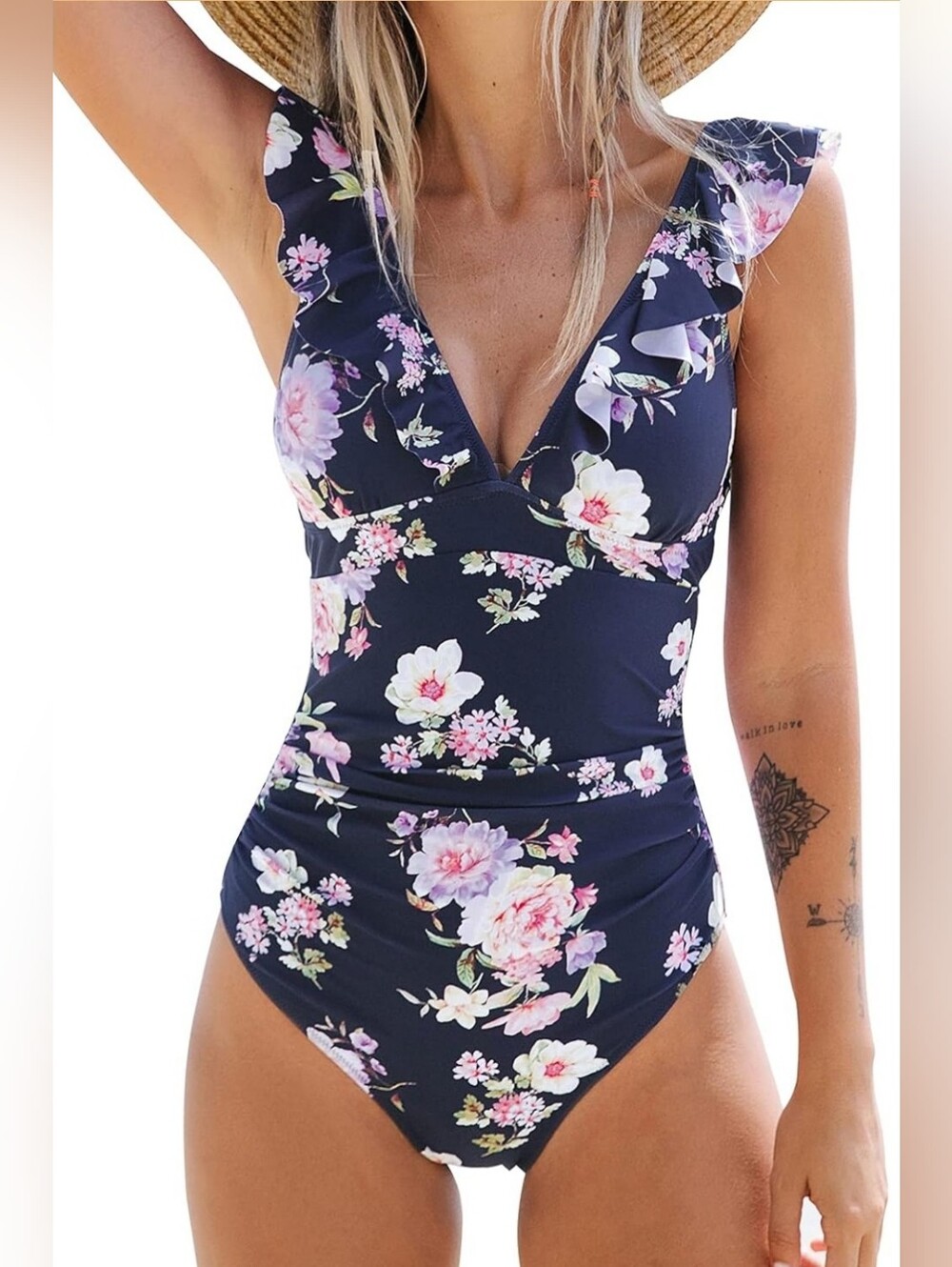 201. NWT - CUPSHE Navy Floral Ruffle One-Piece Swimsuit with Pink Accents